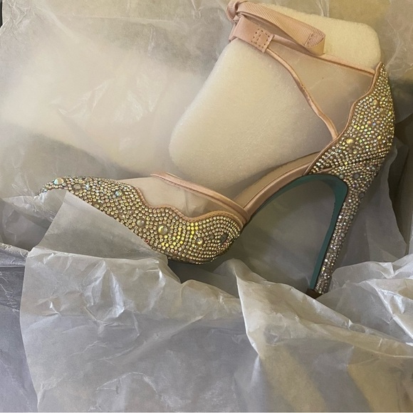 Betsey Johnson Iris Champagne Rhinestone Ankle Strap Stiletto Heels Pumps New - Picture 6 of 14